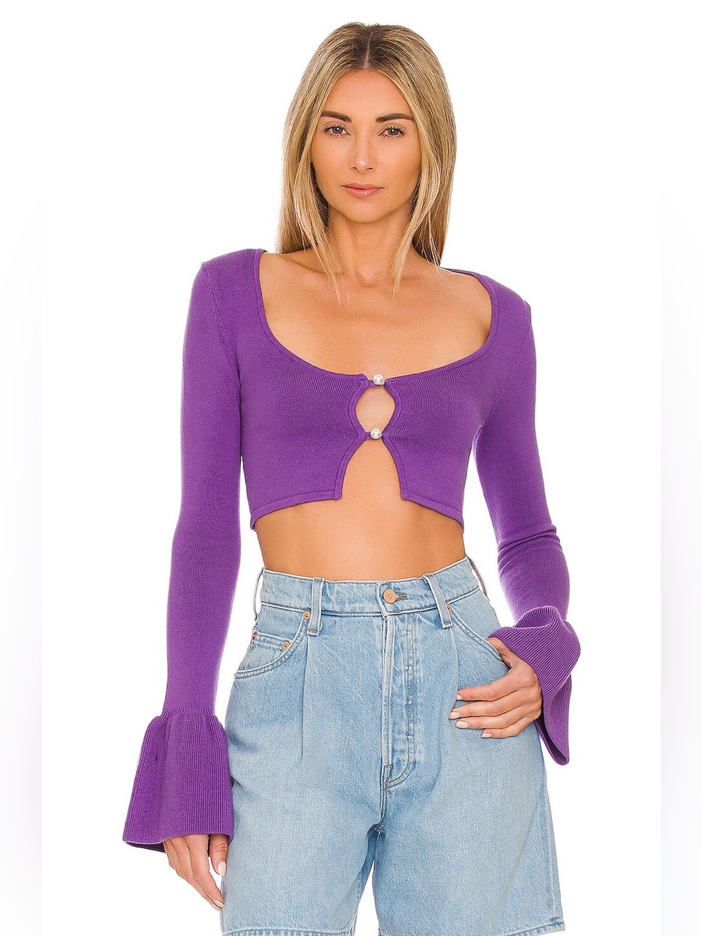 Lovers + Friends IKER MINI Purple Cropped Knit Pearl Buttons Cardigan Size XXS